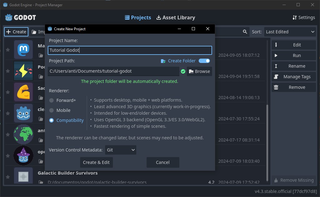 Crear un nuevo proyecto en el Project Manager de Godot