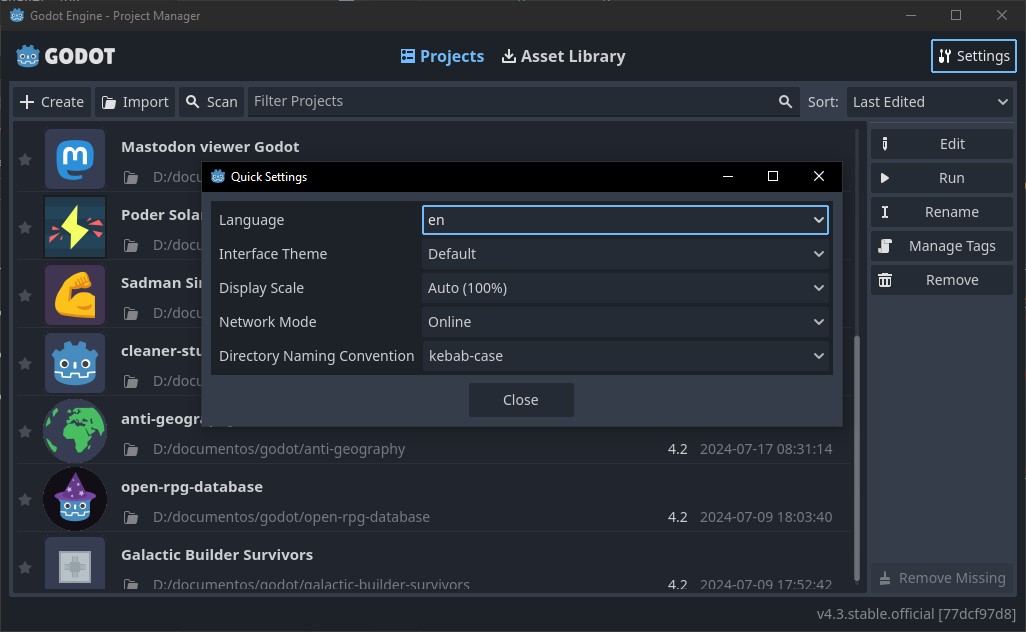 Cambiar el idioma en el Project Manager de Godot