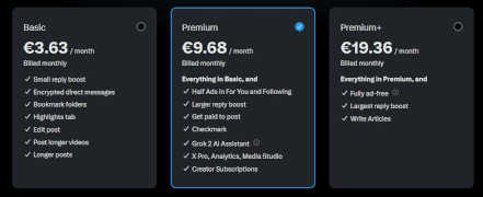 Precios de las cuentas premium de Twitter, basic: 3.63€, premium 9.68€, premium +, 19.36€