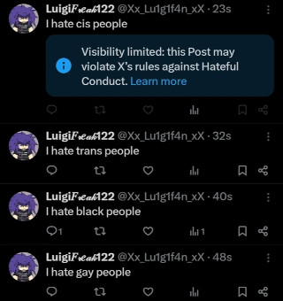 Un usuario prueba en twitter a decir que poner posts diciendo “odio a las personas negras”, “odio a las peronas trans”, “odio a las personas gays”, y no pasa nada. Pero el tweet en el que pone “odio a las personas cis” es silenciado