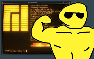 Terminal de Linux y un dibujo de un tipo sacando músculo con unas gafas de sol
