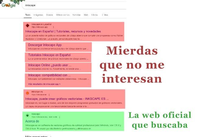 Busco en Google “Inkscape” y los primeros resultados son mierdas que no me interesan, la web oficial de Inkscape aparece más abajo en la búsqueda.