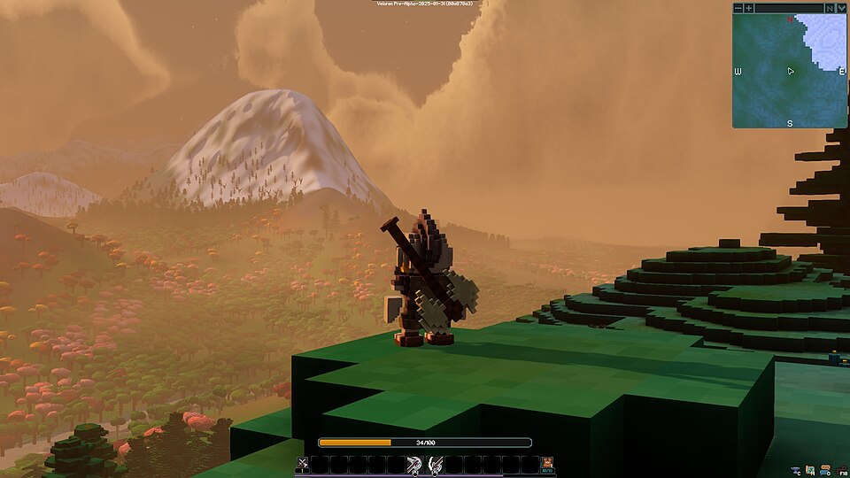 Personaje mirando unas montañas al horizonte al atardecer en el videojuego Veloren, se observan unas montañas