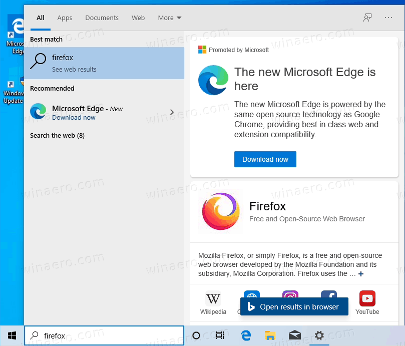 Buscador de Windows donde el usuario busca “Firefox” y aparece un anuncio de “Microsoft Edge”